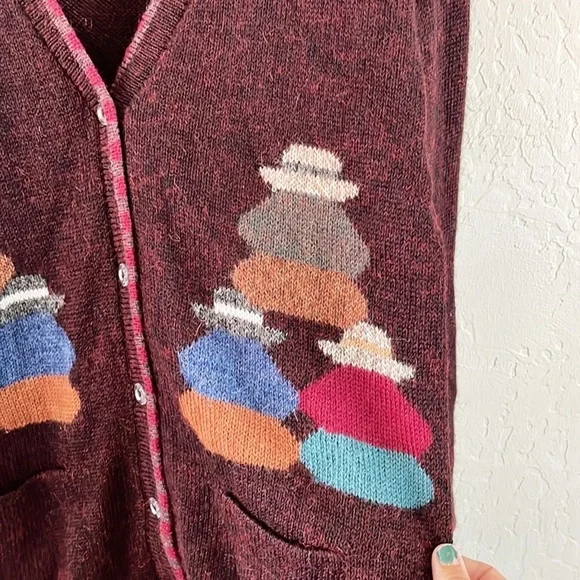 Women's Burgundy Cardigan with Colorful Accents - Picture 5 of 10